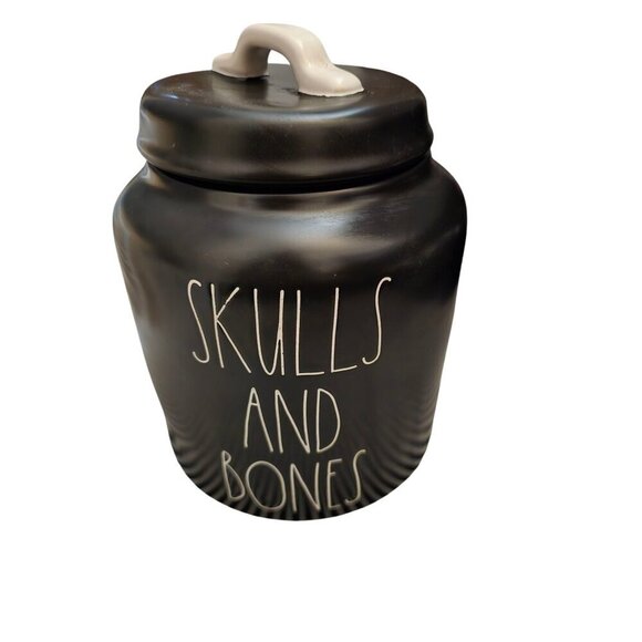 NWT Rae Dunn Halloween Skulls and Bones Chubby Black Canister - Picture 1 of 12